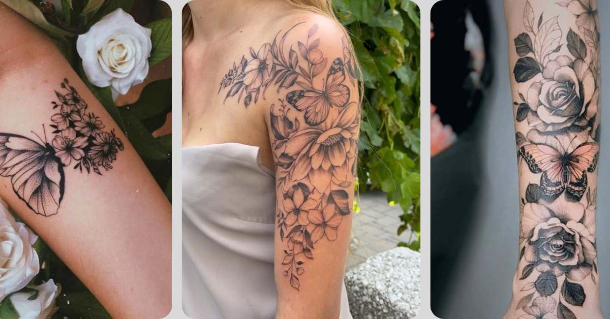 Tatuagem de borboleta com flores.