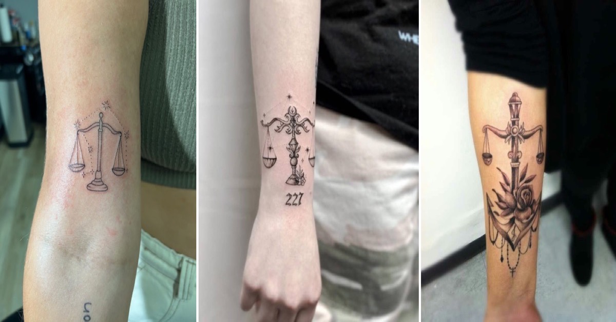 tatuagens femininas na temática de balança, libra e justiça.