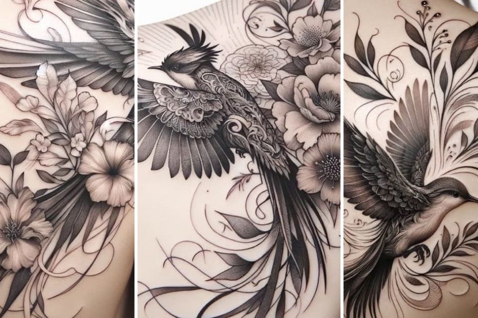 Tatuagem de Pássaro e Flores