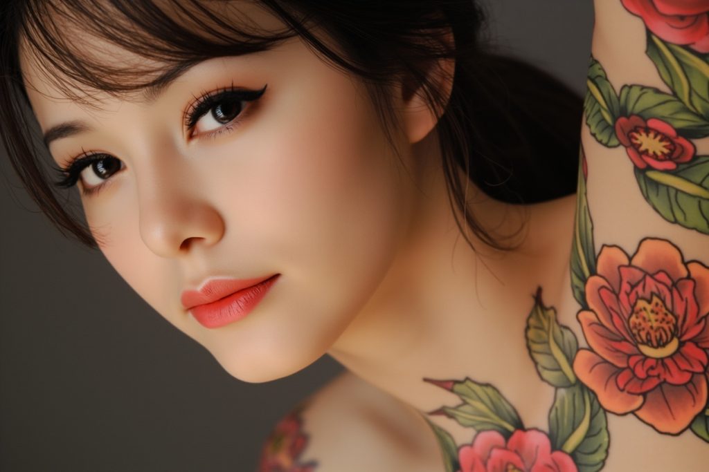 Arte corporal realista de tatuagens florais em mulheres, destacando beleza e significados das flores.
