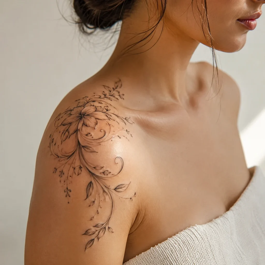 tatuagem-feminina-no-ombro-fineline-inspiracoes-delicadas-que-estao-em-alta-1