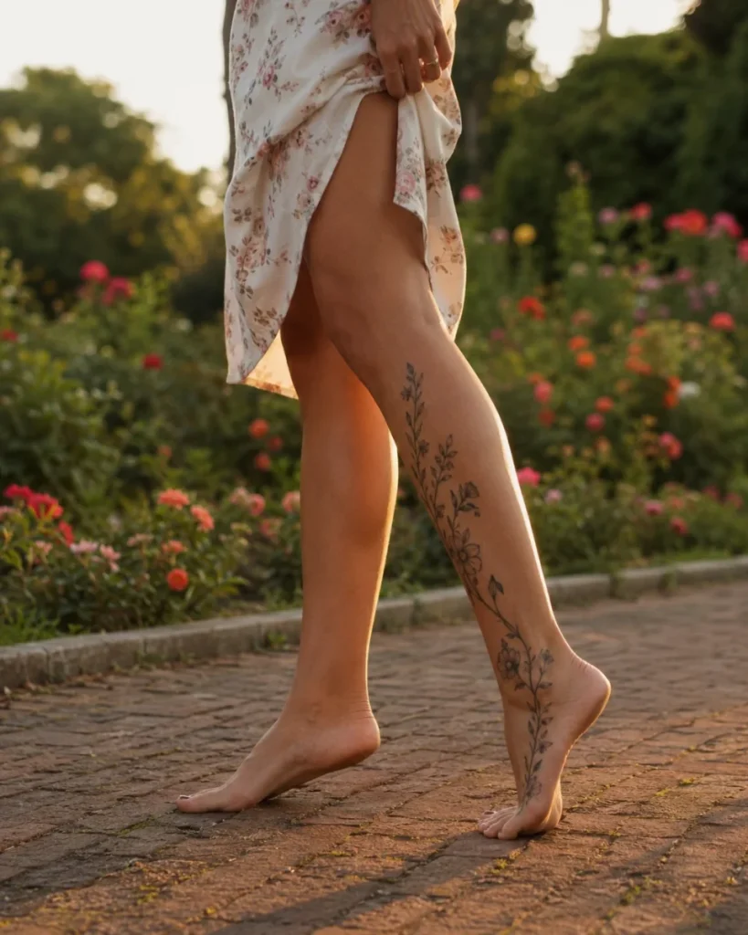 Tatuagem floral na panturrilha feminina: estilos, símbolos e cuidados