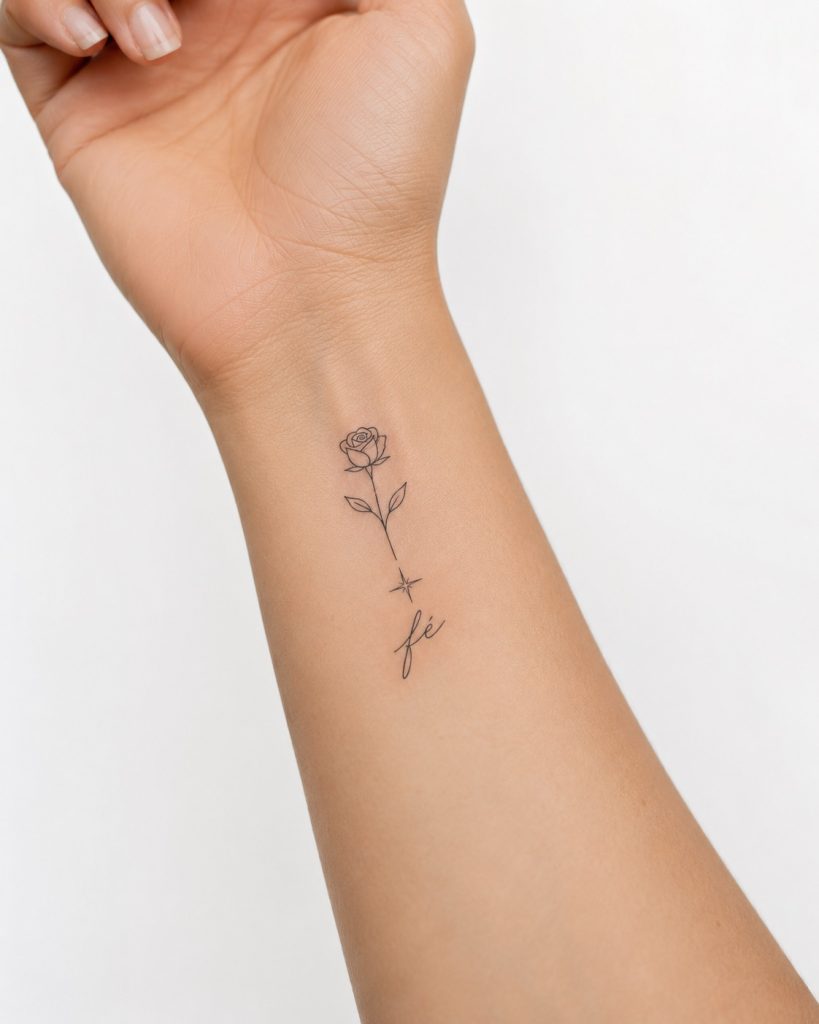Tatuagem de flor pequena em fine line no pulso