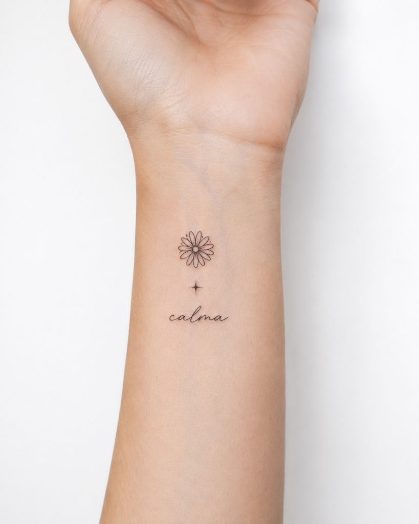 Tatuagem de linha fina com su00edmbolo pequeno no pulso