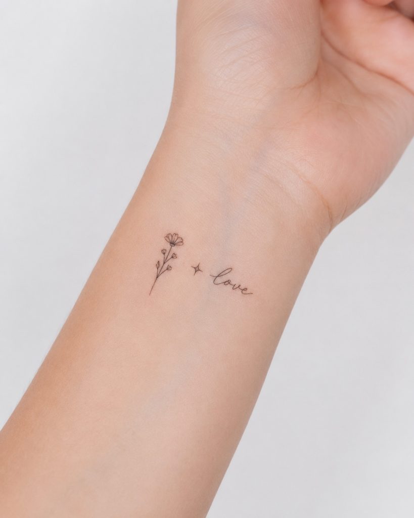 Tatuagem fine line discreta no pulso com trau00e7o simples