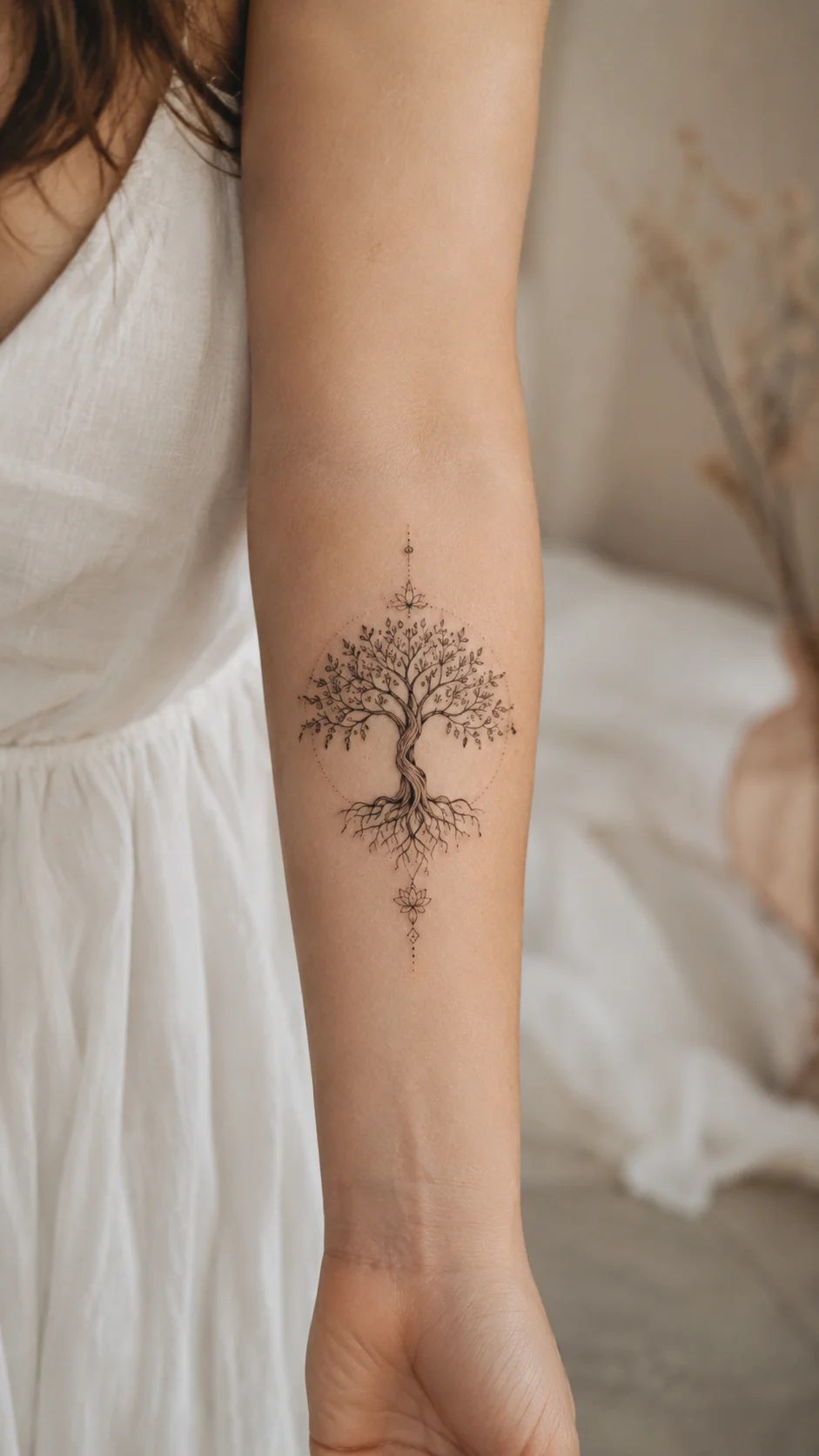 Pequena tatuagem de árvore da vida no pulso, discreta e simbólica.