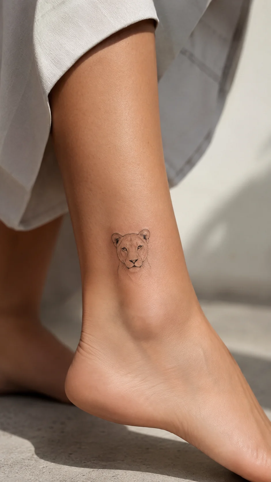 Antebraço com tatuagem de perfil de leoa em traço fino.