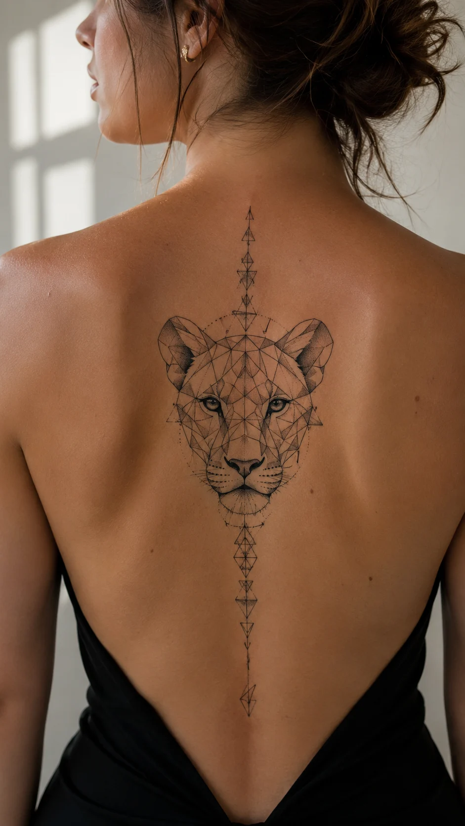 Tatuagem pequena de leoa na costela de uma mulher.