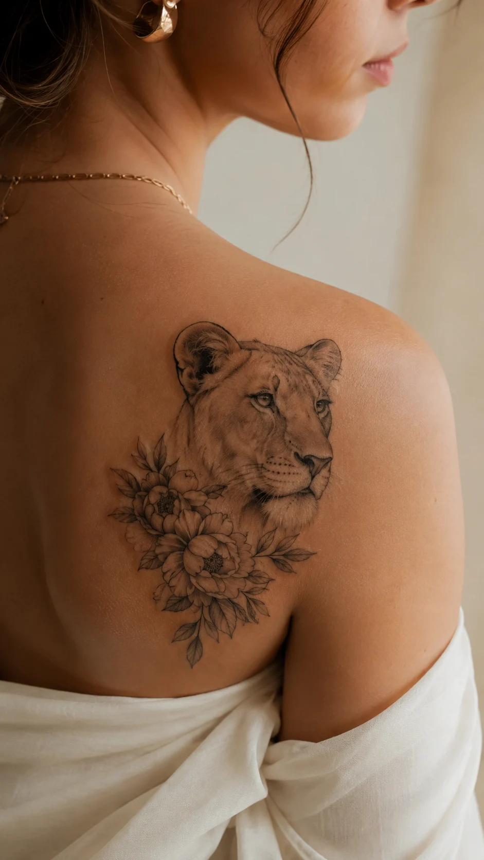 Ombro com tatuagem de leoa acompanhada por uma flor.