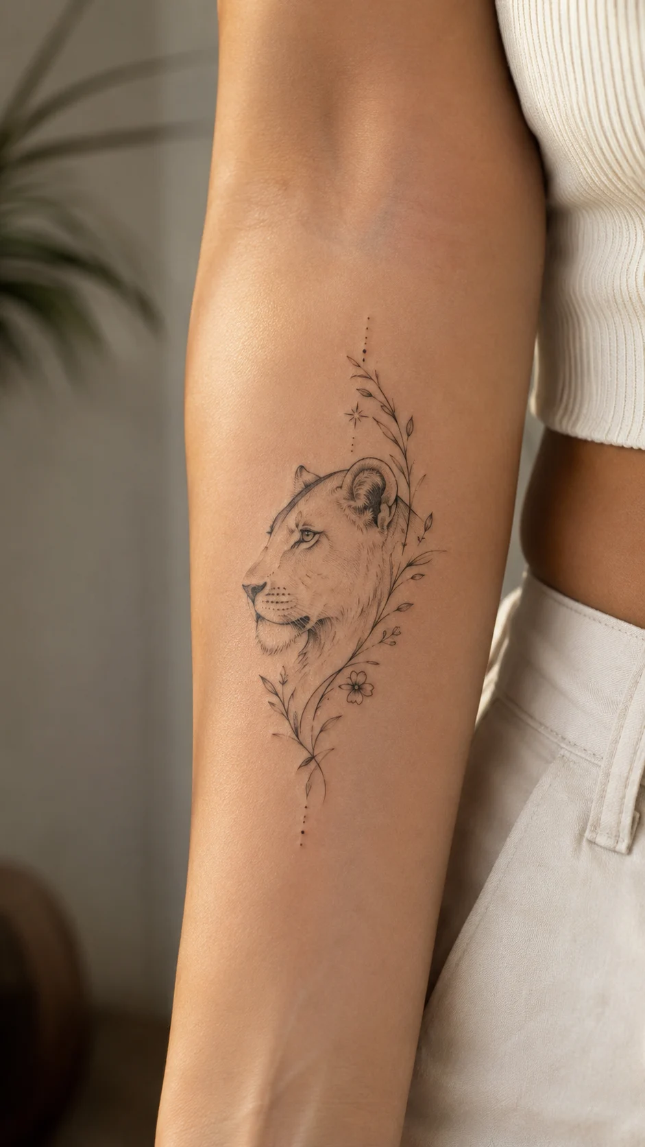 Tatuagem geométrica de leoa nas costas de uma mulher.