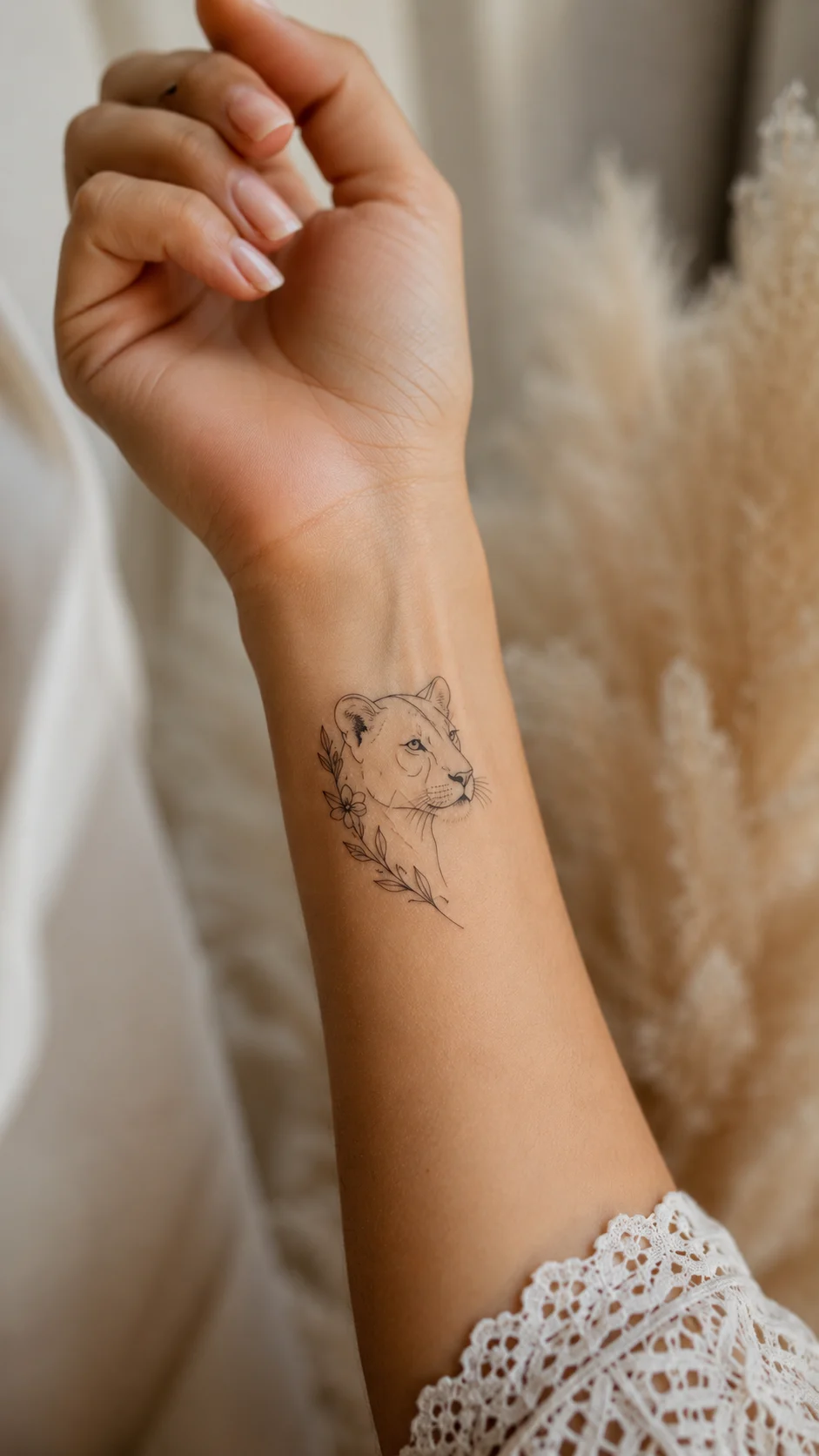 Tatuagem minimalista de leoa no tornozelo.