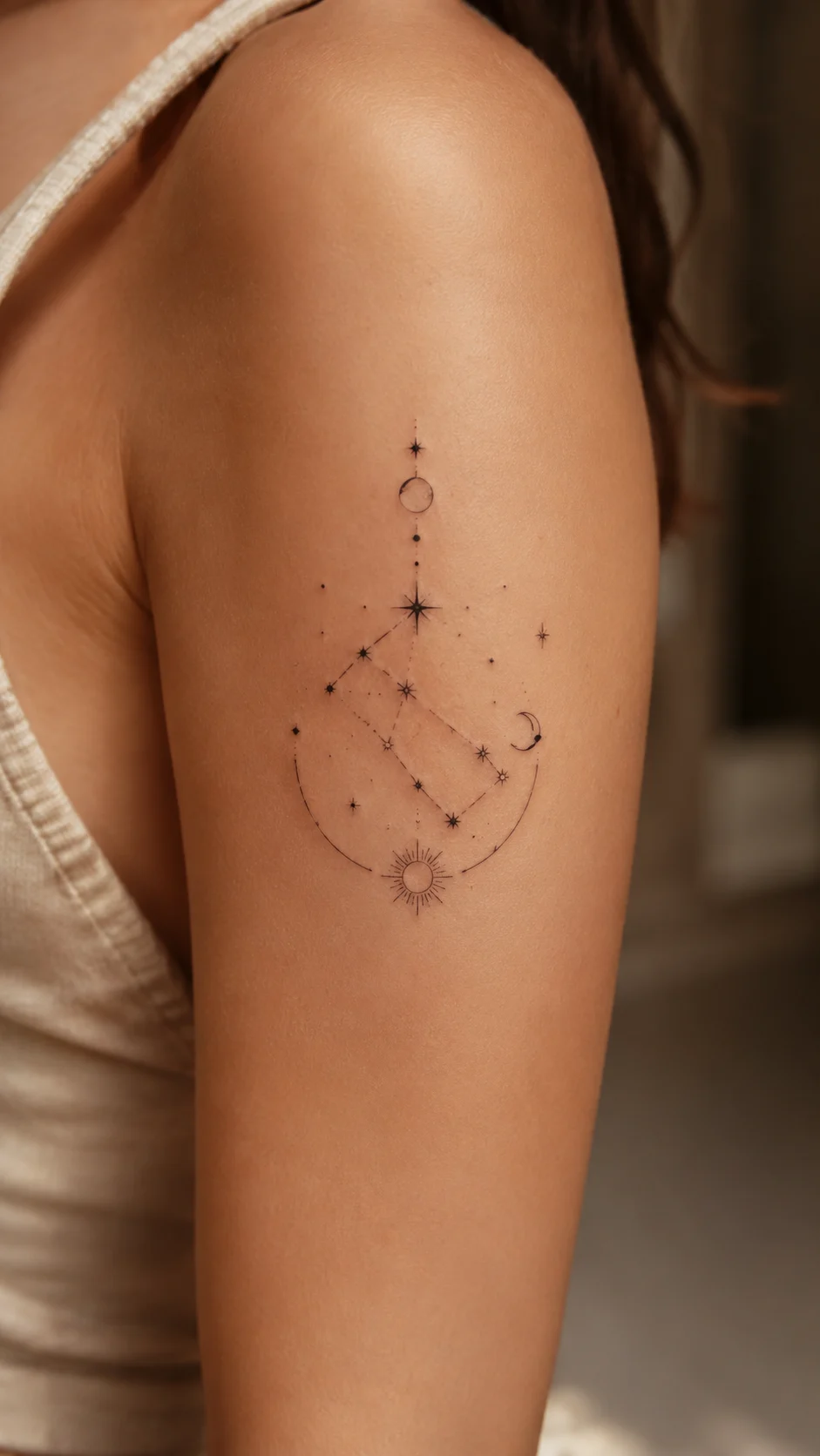 Três símbolos astrológicos minimalistas representando signo solar, lunar e ascendente.
