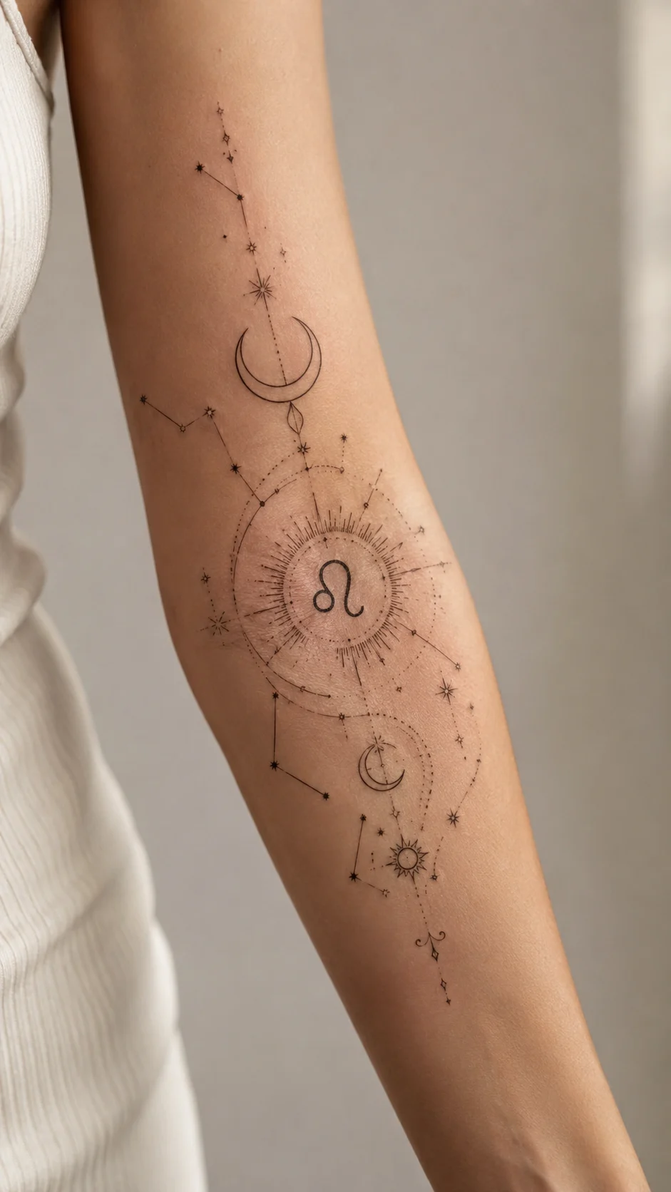 Pessoa a considerar o local ideal do corpo para uma tatuagem astrológica.