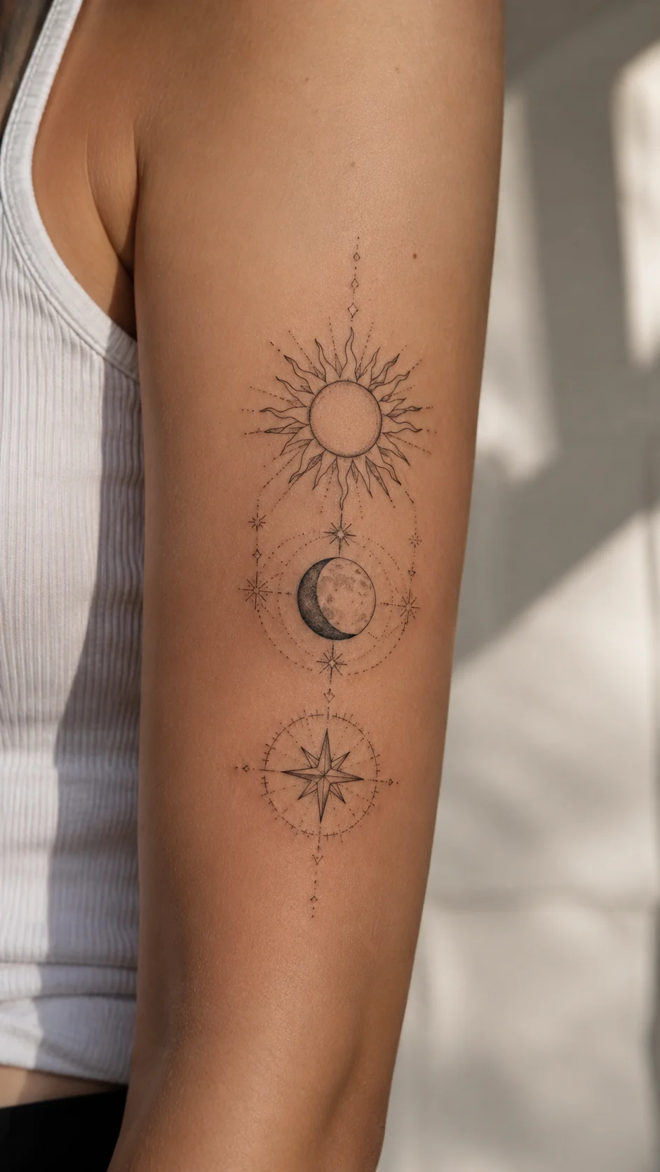 Tatuagem pequena e legível com símbolos astrológicos discretos.