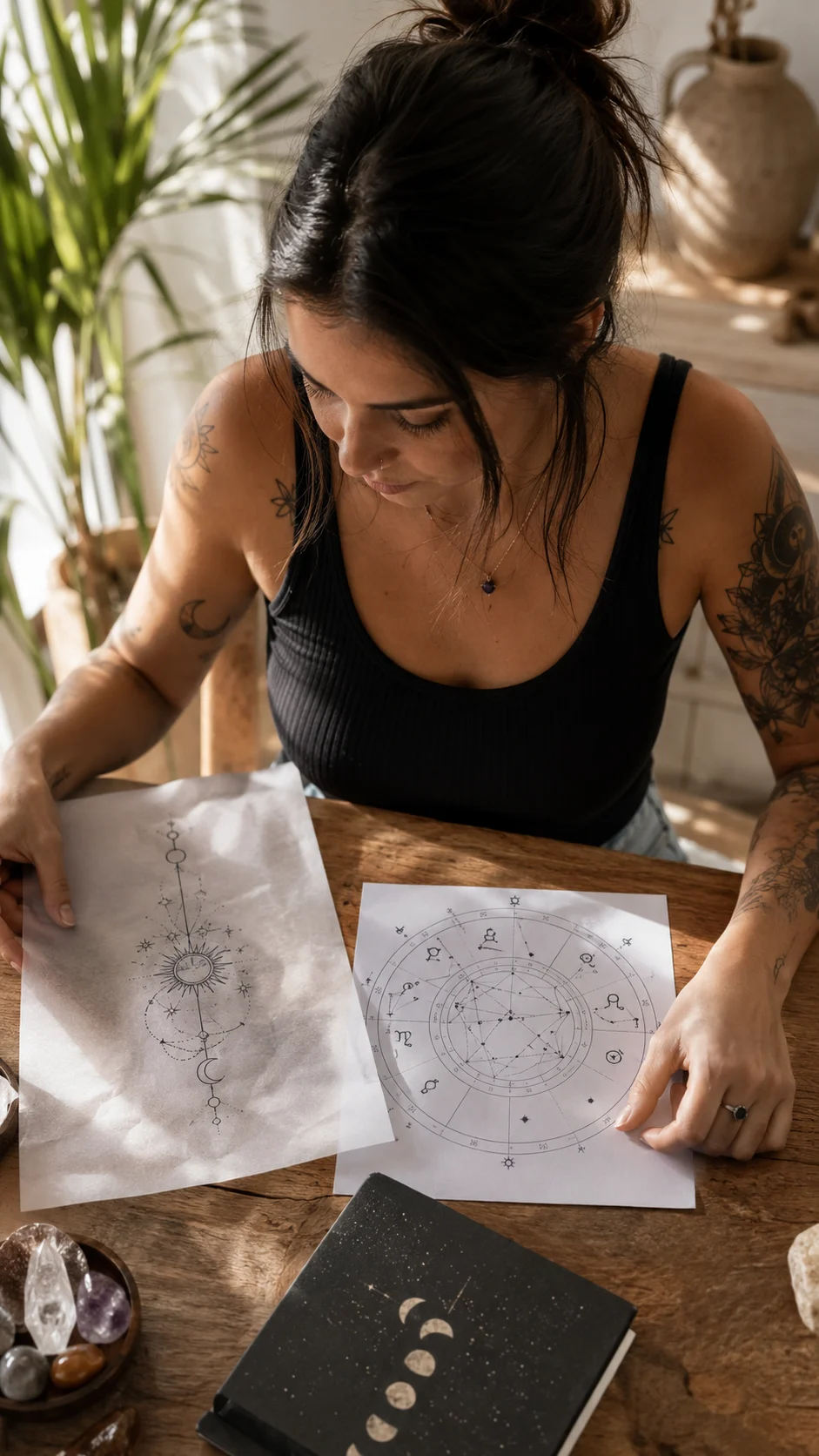 Tatuadora e cliente a discutir referências para uma tatuagem inspirada no mapa astral.