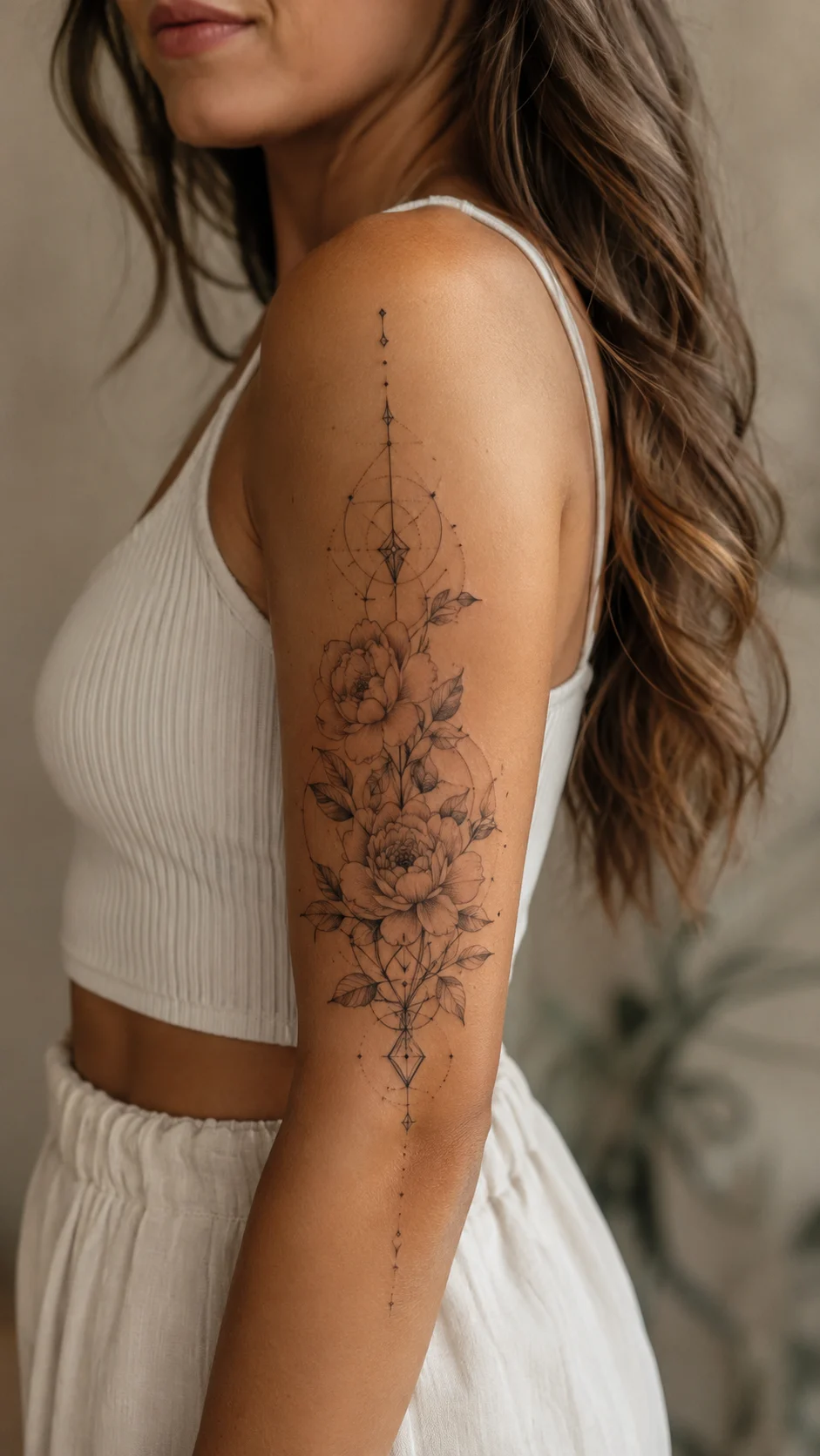 Braço com tatuagem de linhas finas e contínuas, de aspeto leve.
