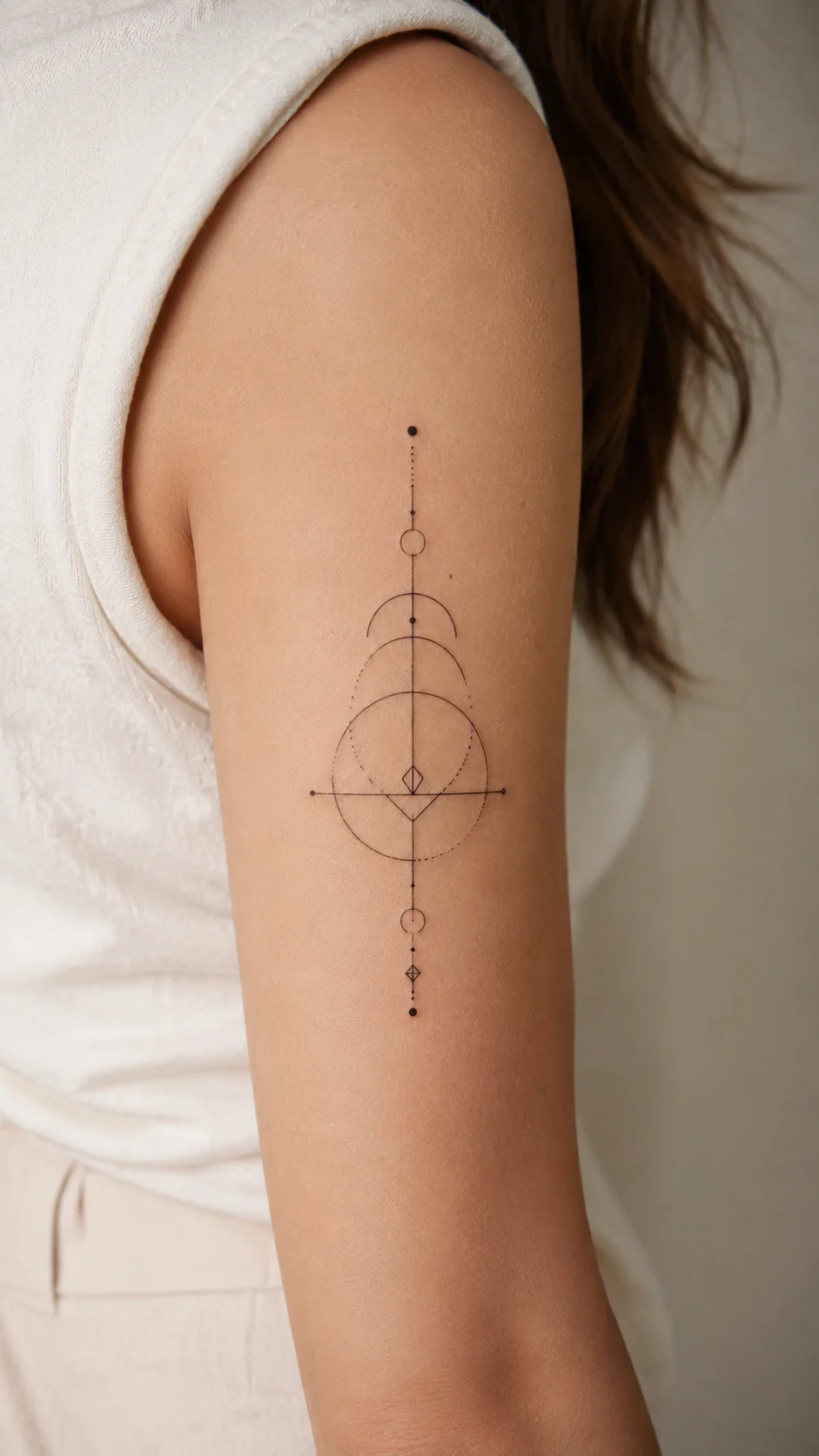 Braço com tatuagem floral vertical, delicada e harmoniosa.