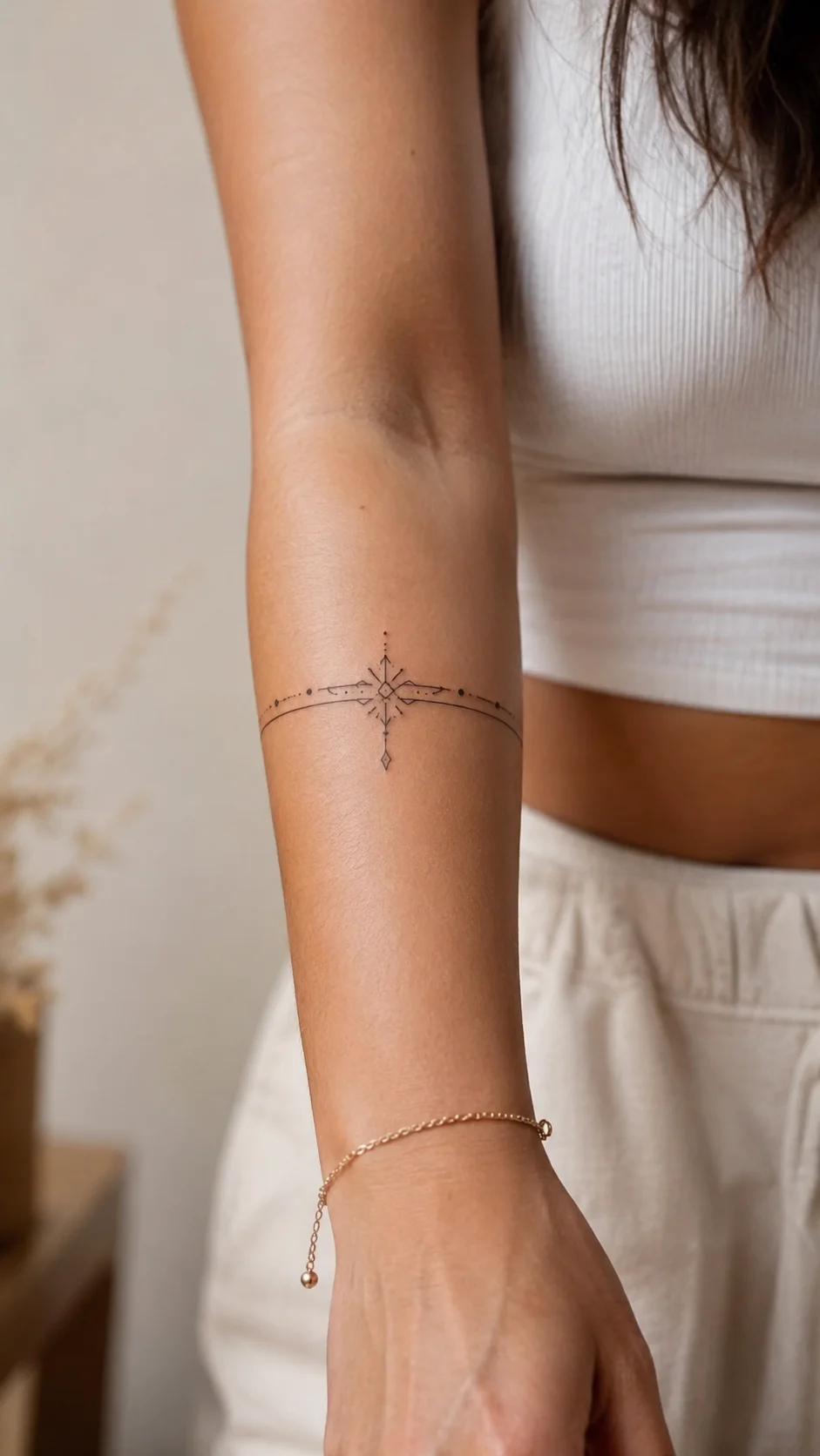 Braço com tatuagem blackwork elegante, de contraste equilibrado.