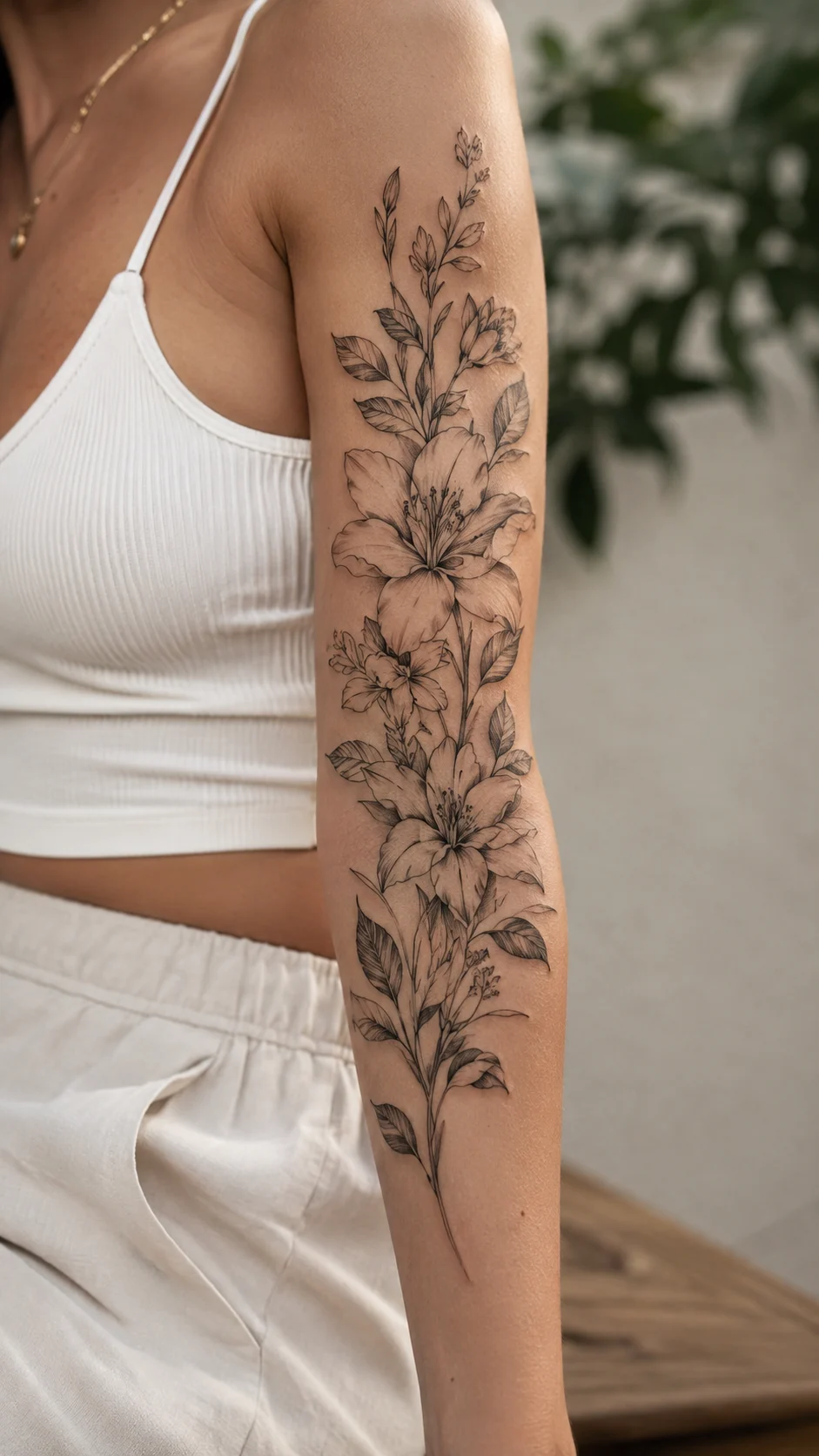 Braço com tatuagem geométrica delicada e contemporânea.