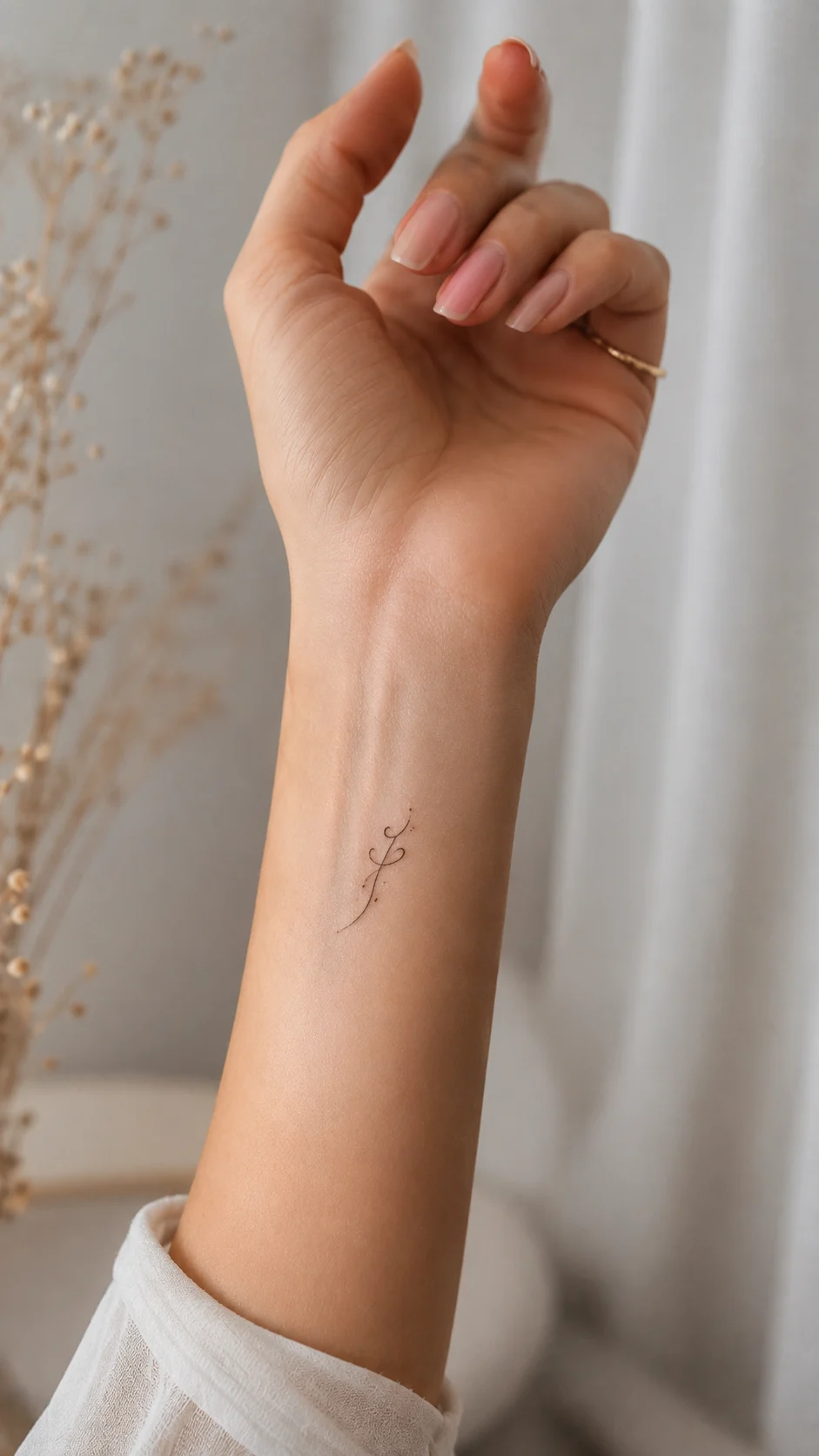 Pulso feminino com uma tatuagem simbólica pequena e discreta.