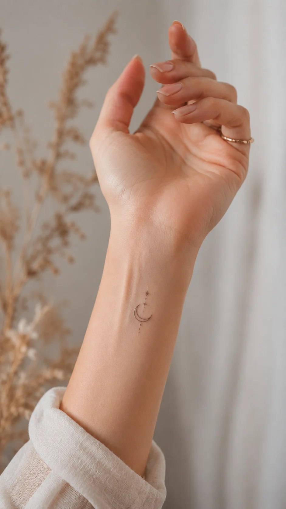 Pulso com uma tatuagem de palavra curta, fina e discreta.