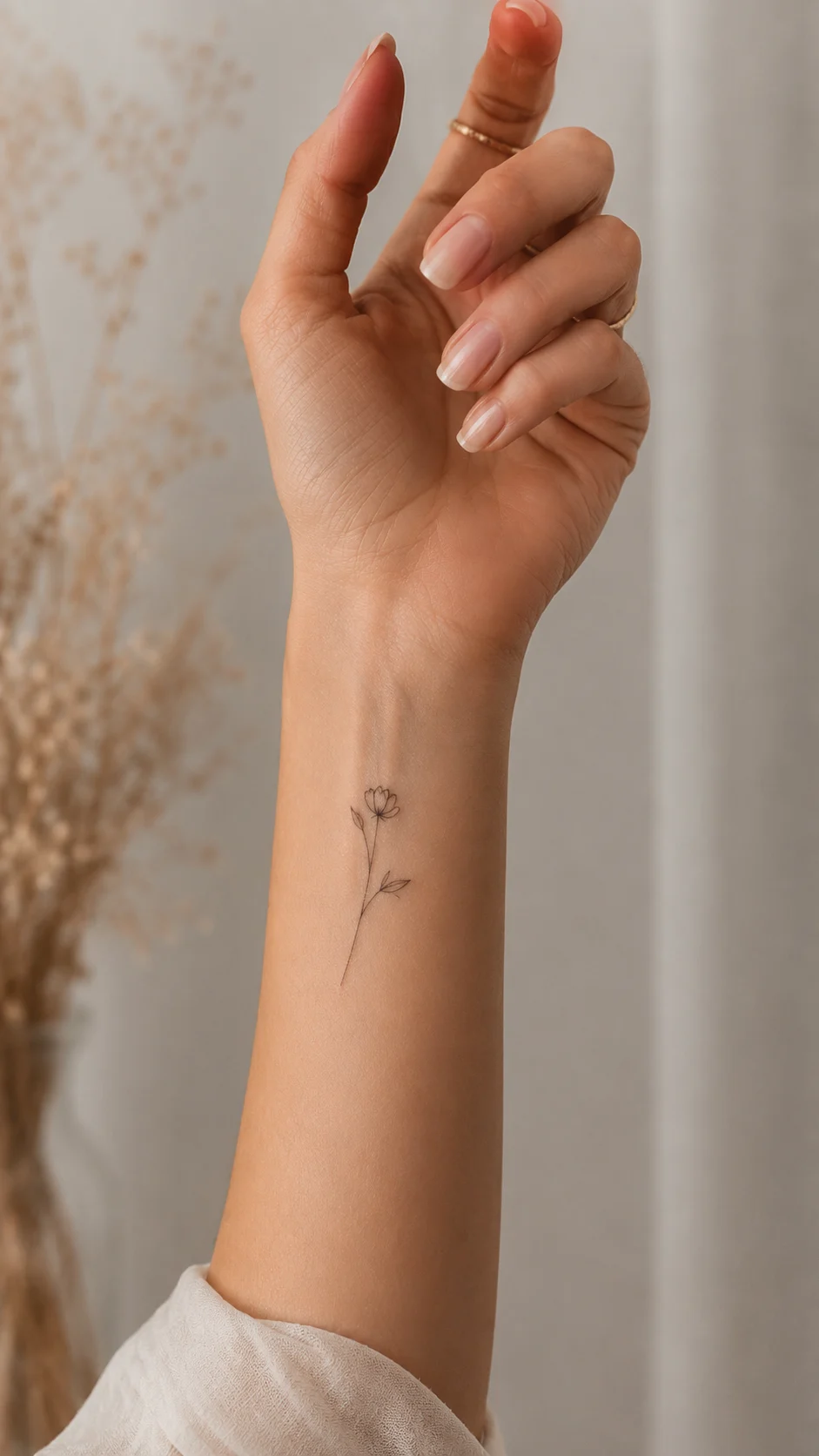 Pulso feminino com uma tatuagem em forma de bracelete aberto.