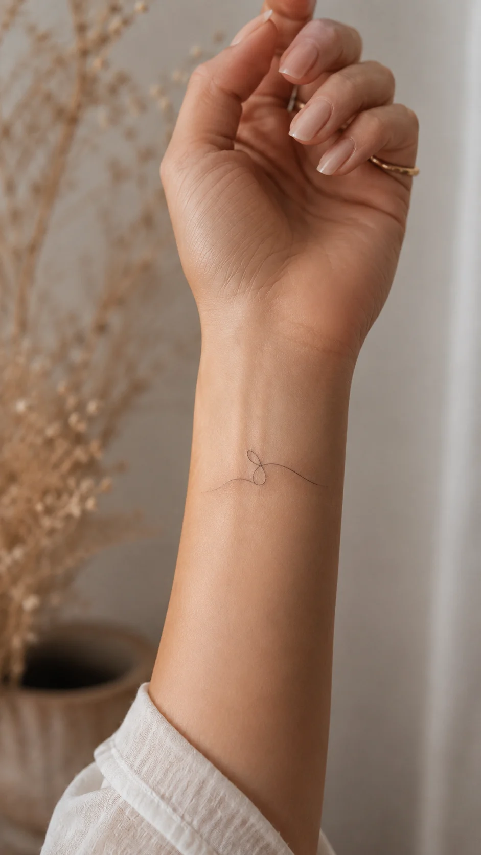 Close-up de um pulso com uma micro tatuagem discreta e elegante.