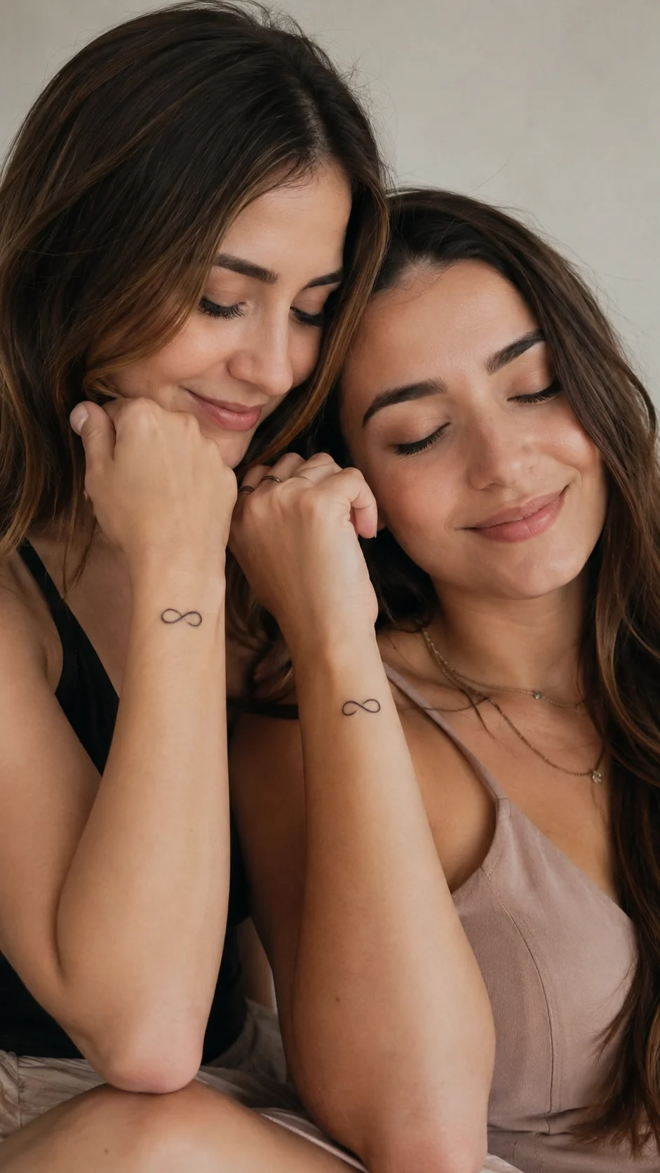 Duas amigas com tatuagens pequenas de sol e lua nos braços.