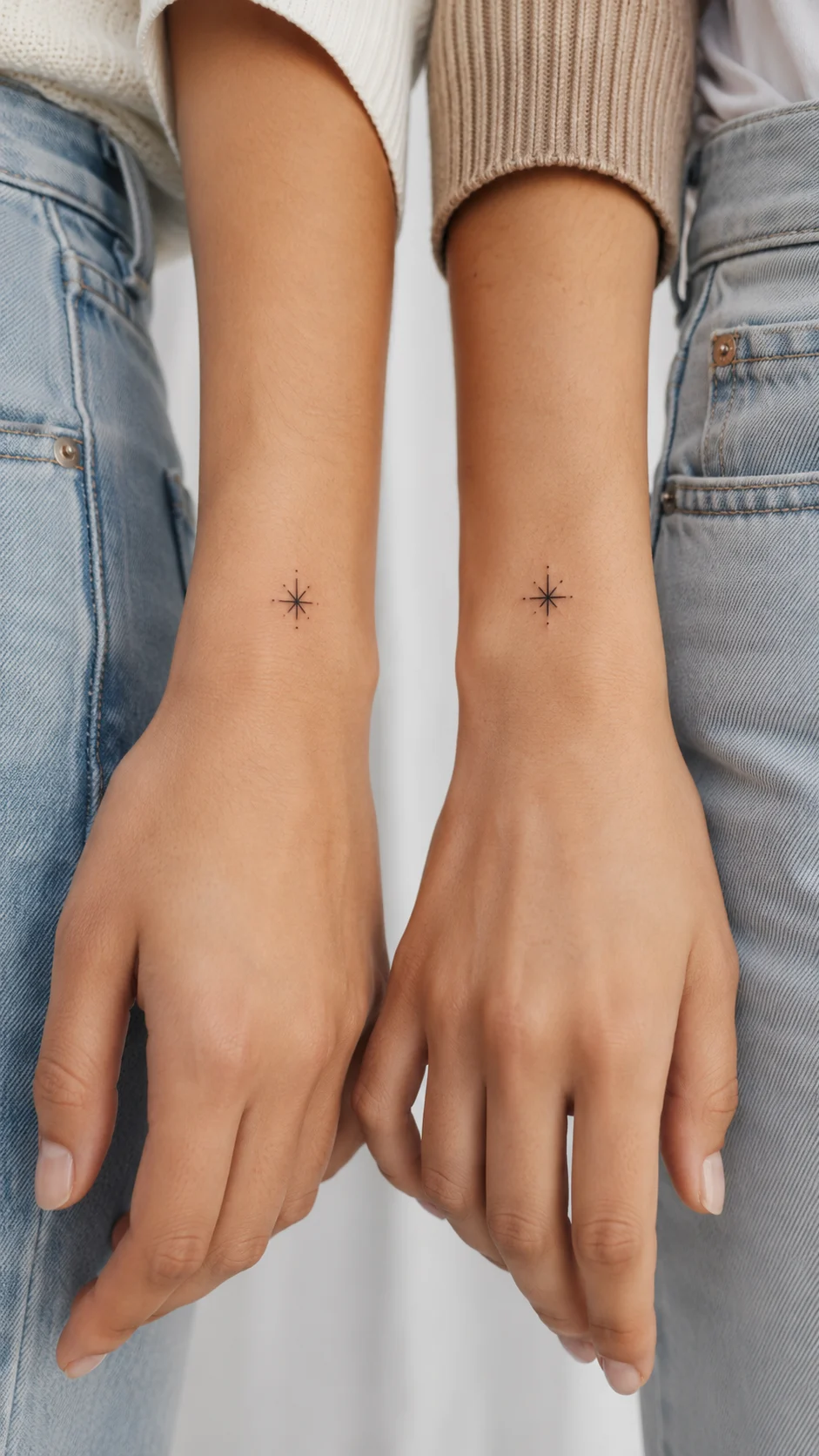 Duas mãos com tatuagens finas de palavras curtas e complementares.