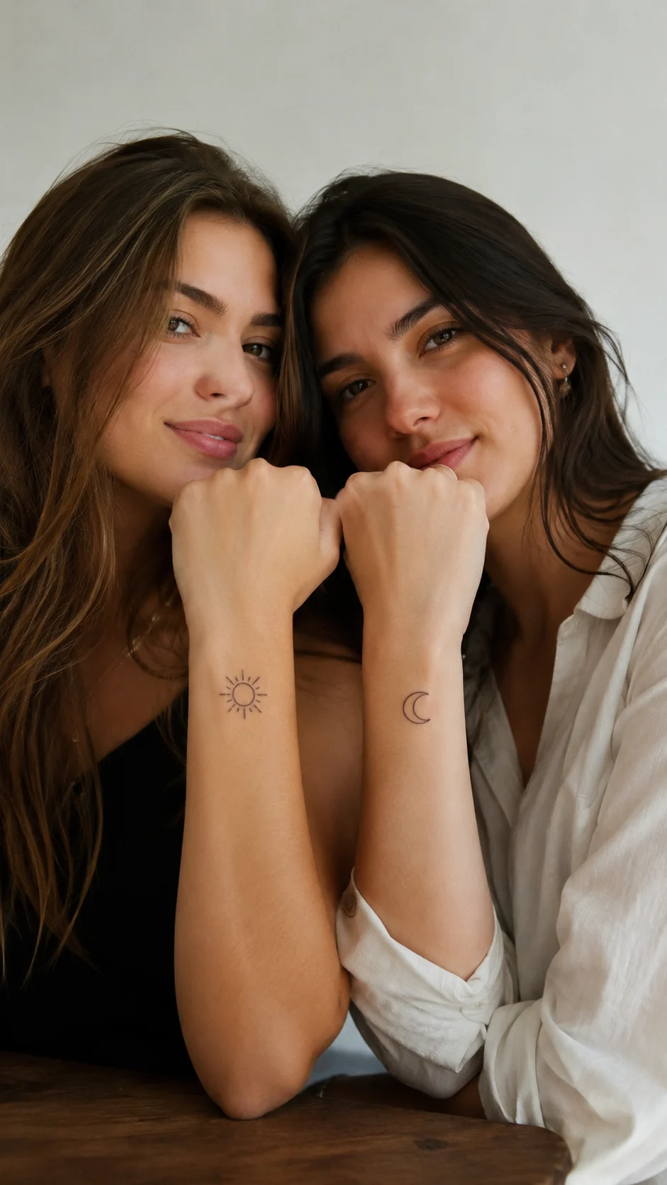 Duas amigas com tatuagens pequenas do símbolo do infinito nos pulsos.