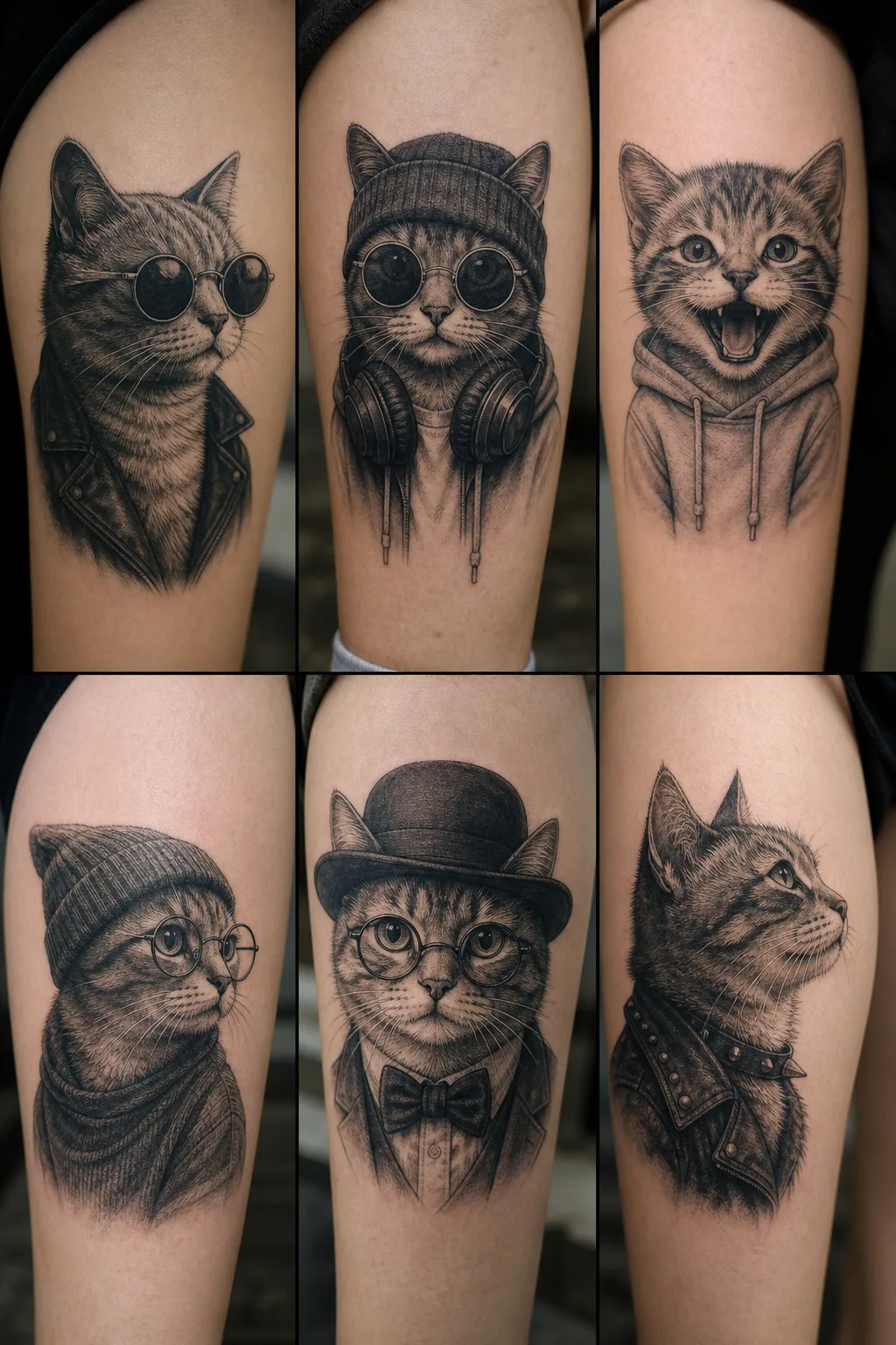 Colagem de seis ideias de tatuagens femininas de gatos em estilo delicado