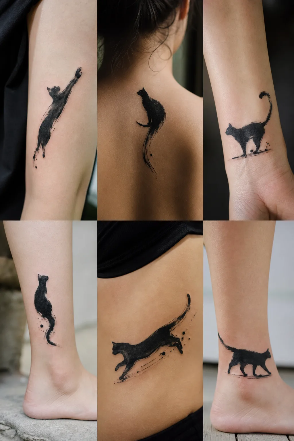 Silhueta minimalista de um gato caminhando tatuada no antebraço feminino