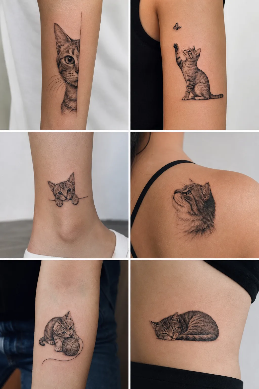Retrato minimalista de gato feito com linhas finas no braço feminino