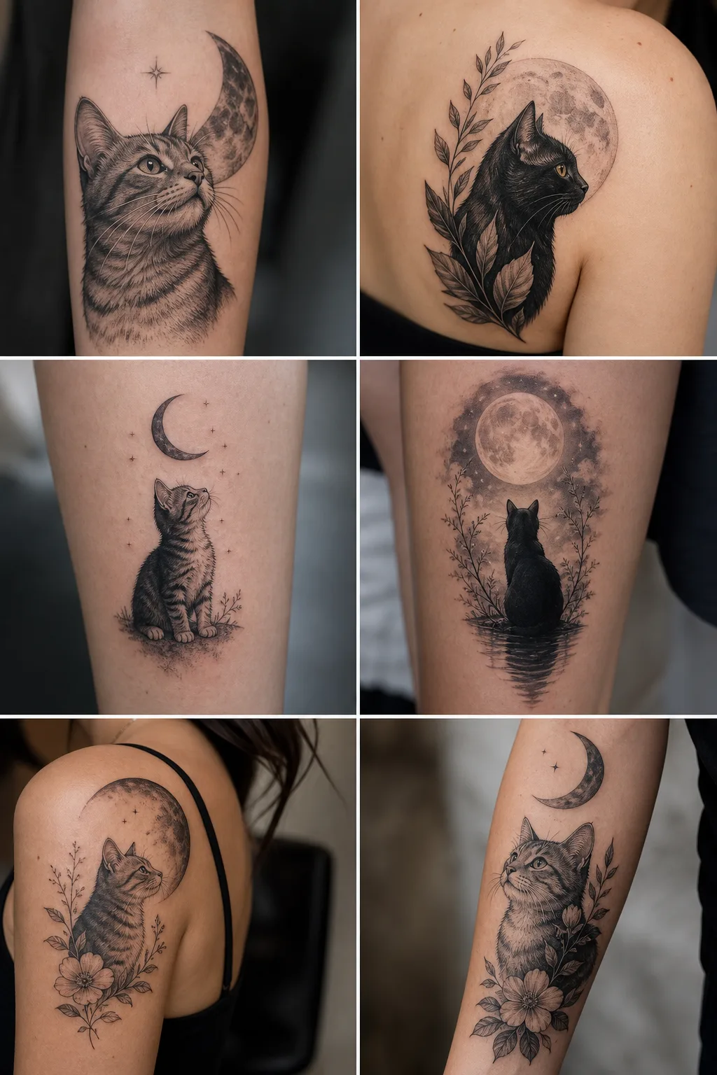Tatuagem delicada de gato sentado diante de uma lua crescente no ombro