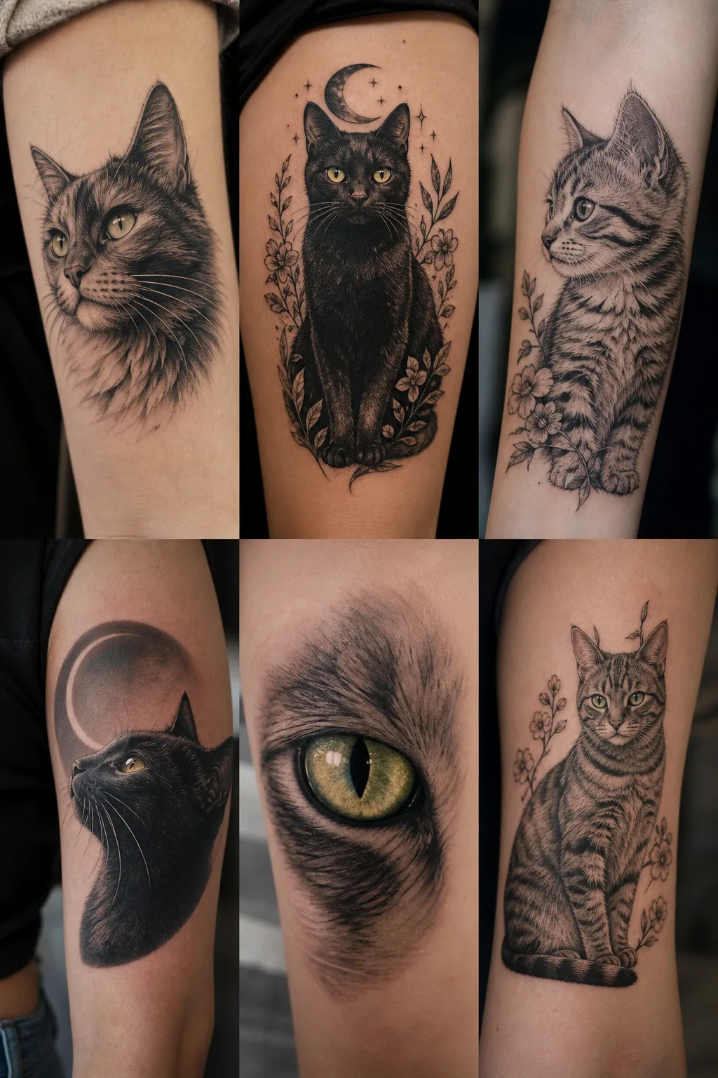 Olhos felinos tatuados com traço fino na parte interna do braço