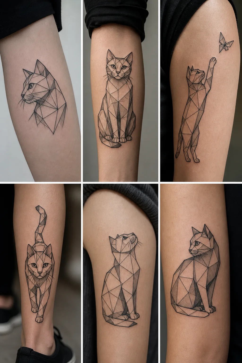 Gato composto por linhas geométricas finas tatuado na costela feminina