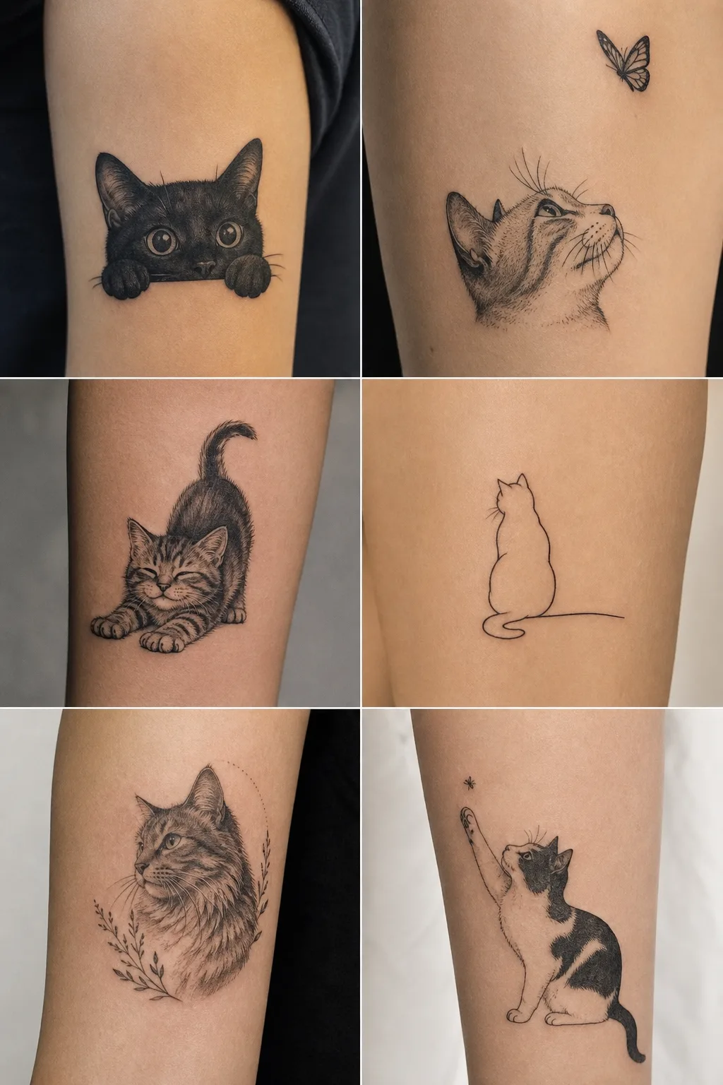 Mulher escolhendo inspiração para uma tatuagem feminina de gato em estúdio