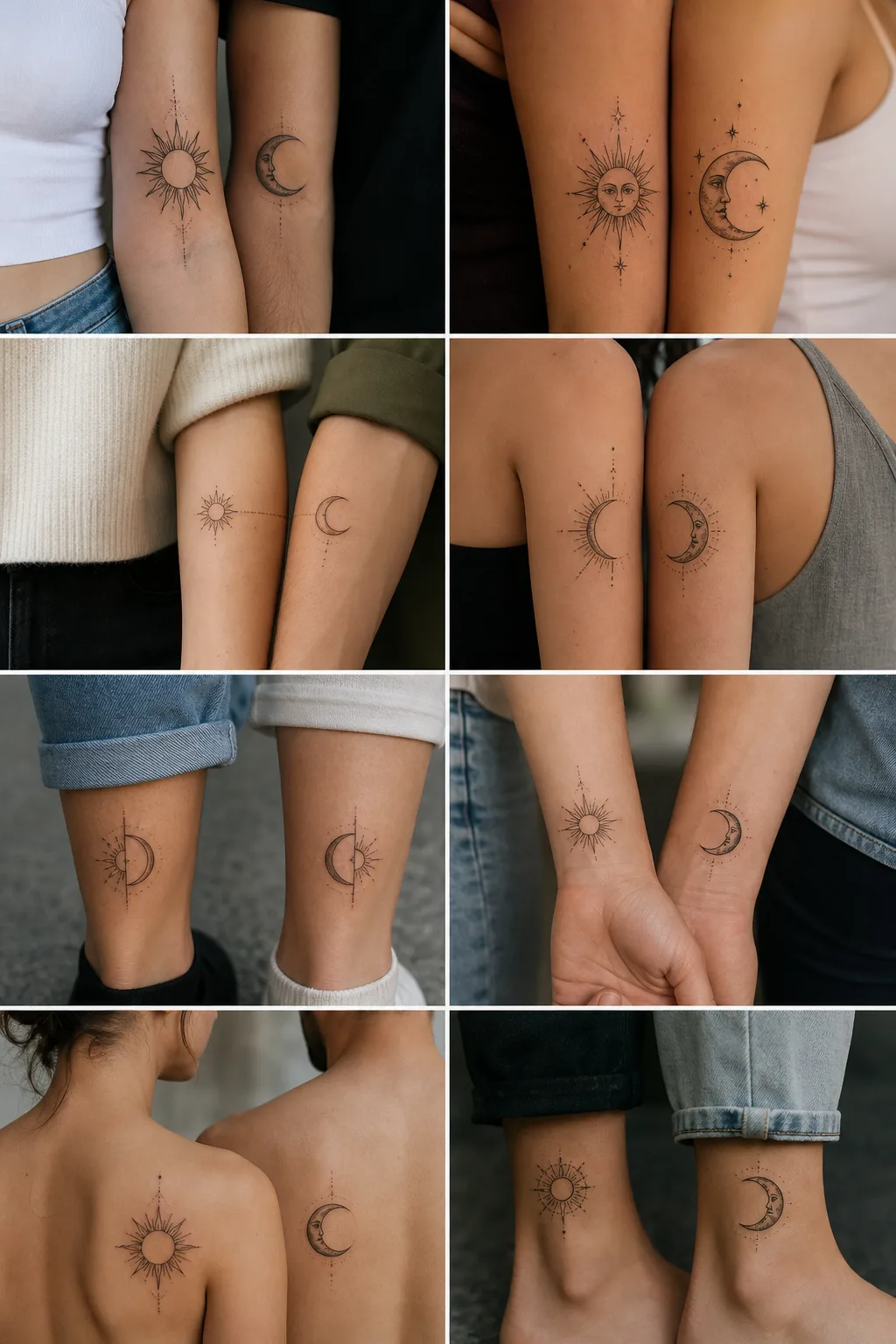 Tatuagens delicadas de sol e lua em dois pulsos