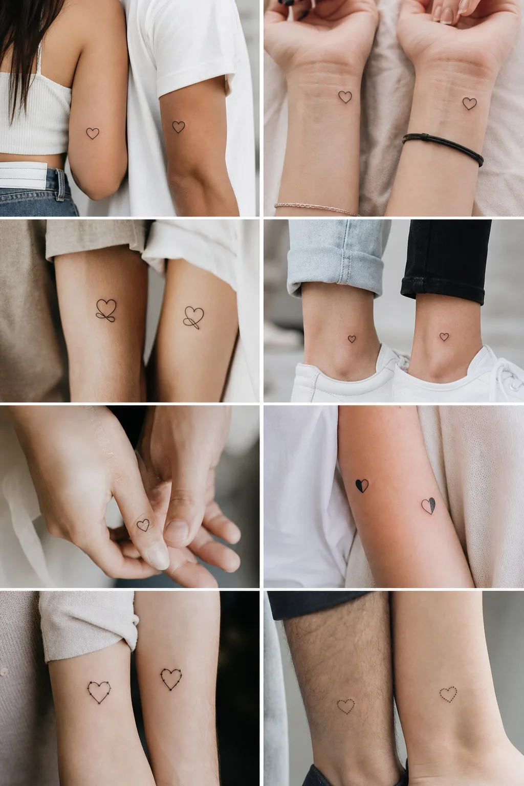 Pequenos corações minimalistas tatuados em dois pulsos