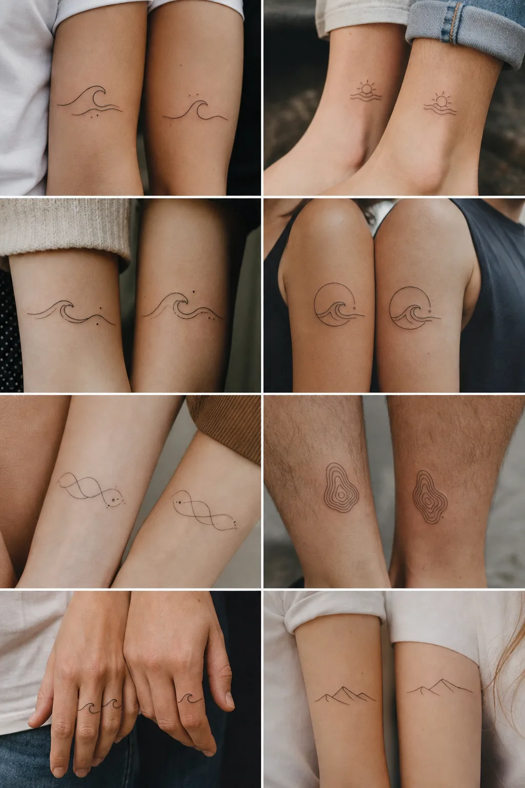 Linhas onduladas tatuadas de forma coordenada em dois antebraços