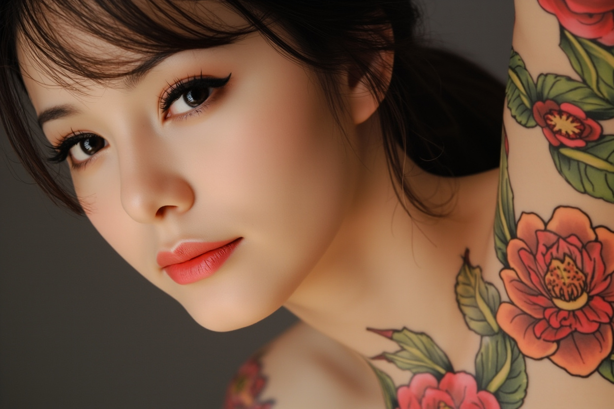 Arte corporal realista de tatuagens florais em mulheres, destacando beleza e significados das flores.