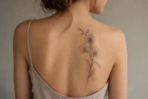 Tatuagem feminina de orquídea delicada nas costas em traço fino