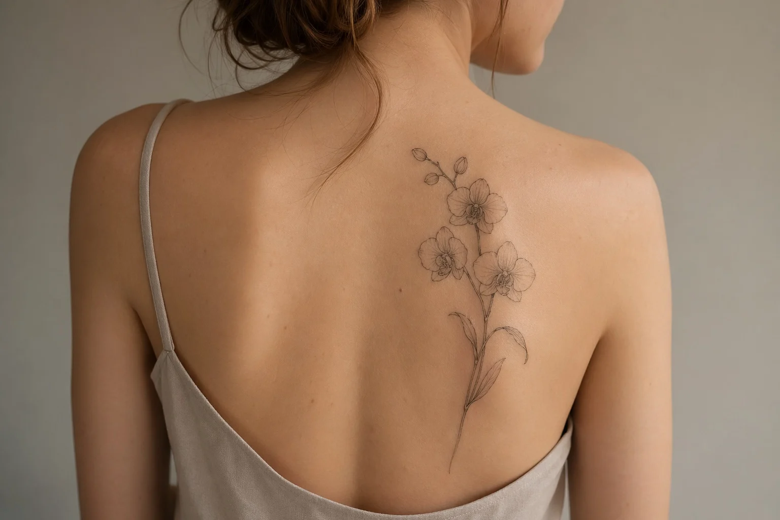 Tatuagem feminina de orquídea delicada nas costas em traço fino