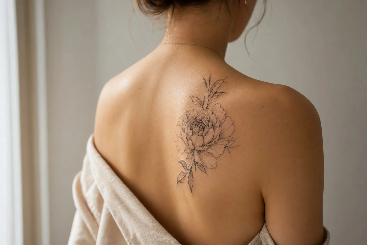 Tatuagem feminina de peônia delicada nas costas em traço fino
