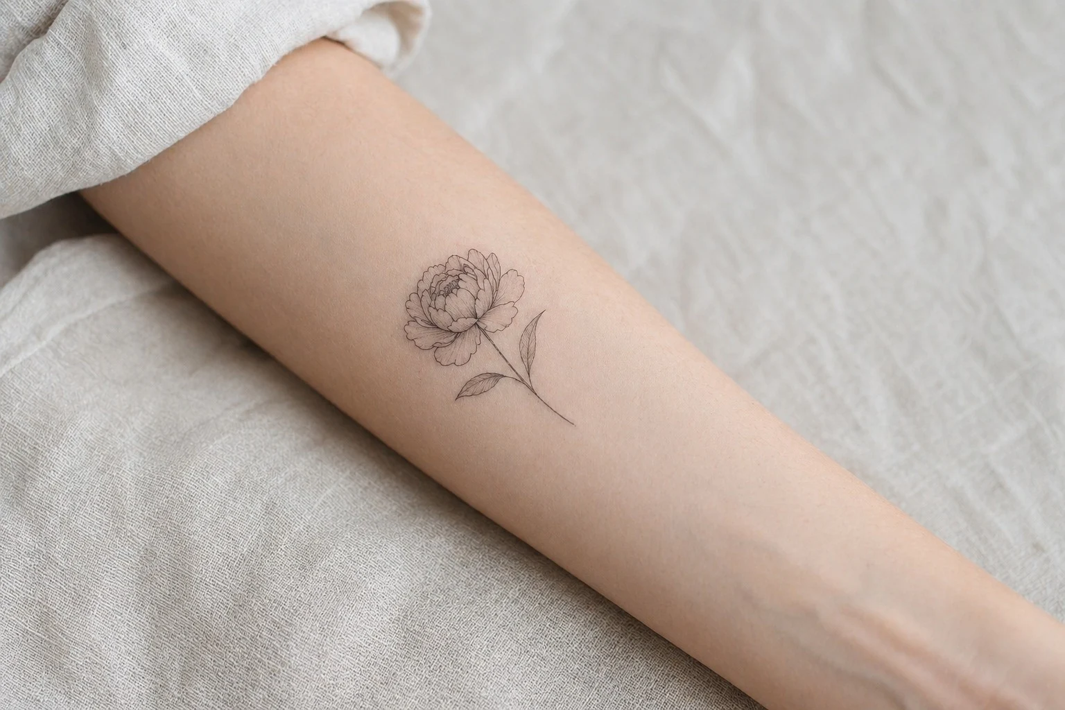 Tatuagem de peonia no antebraco feminino em estilo fine line