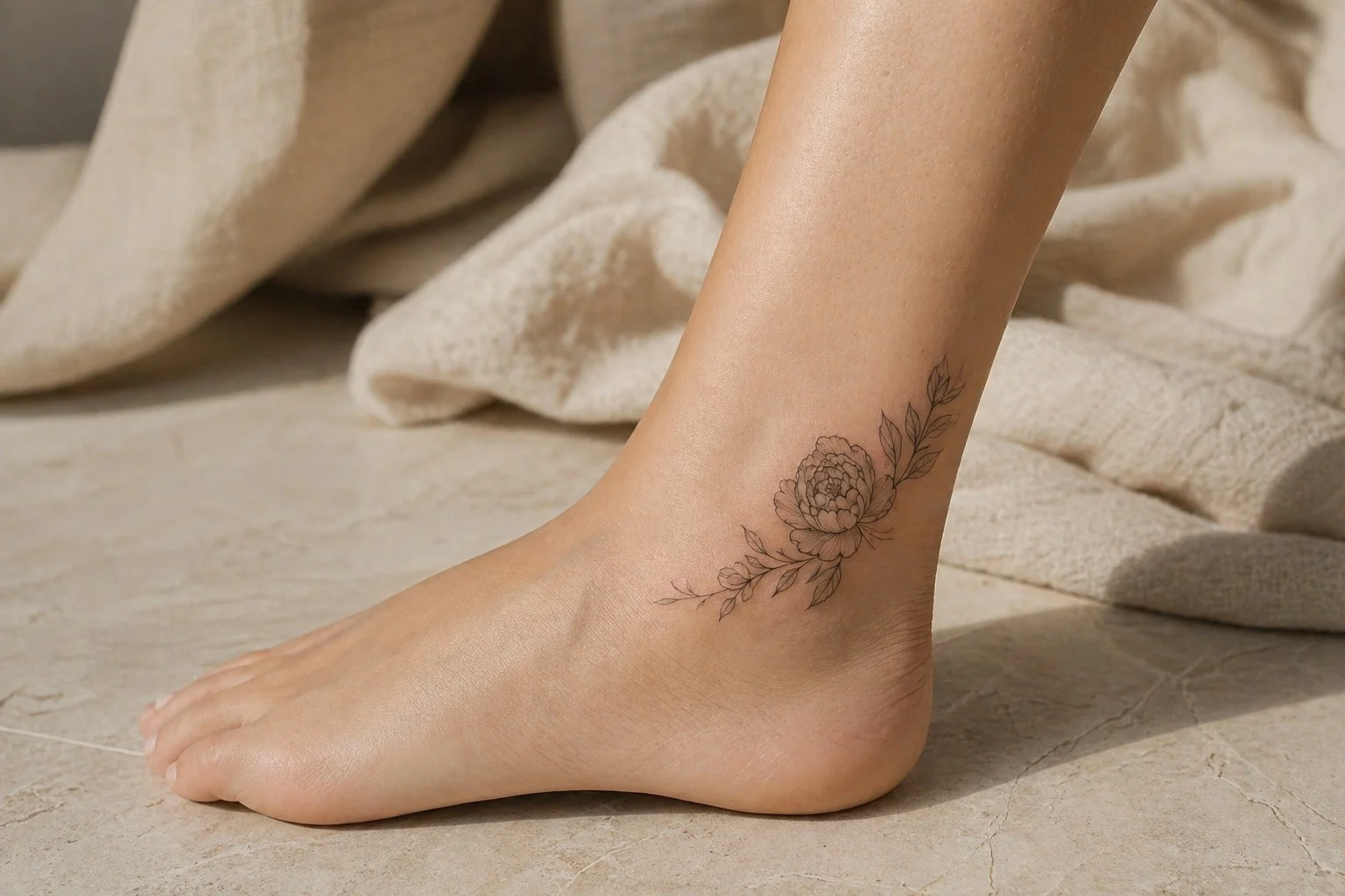 Tatuagem de peonia no tornozelo feminino delicada e minimalista