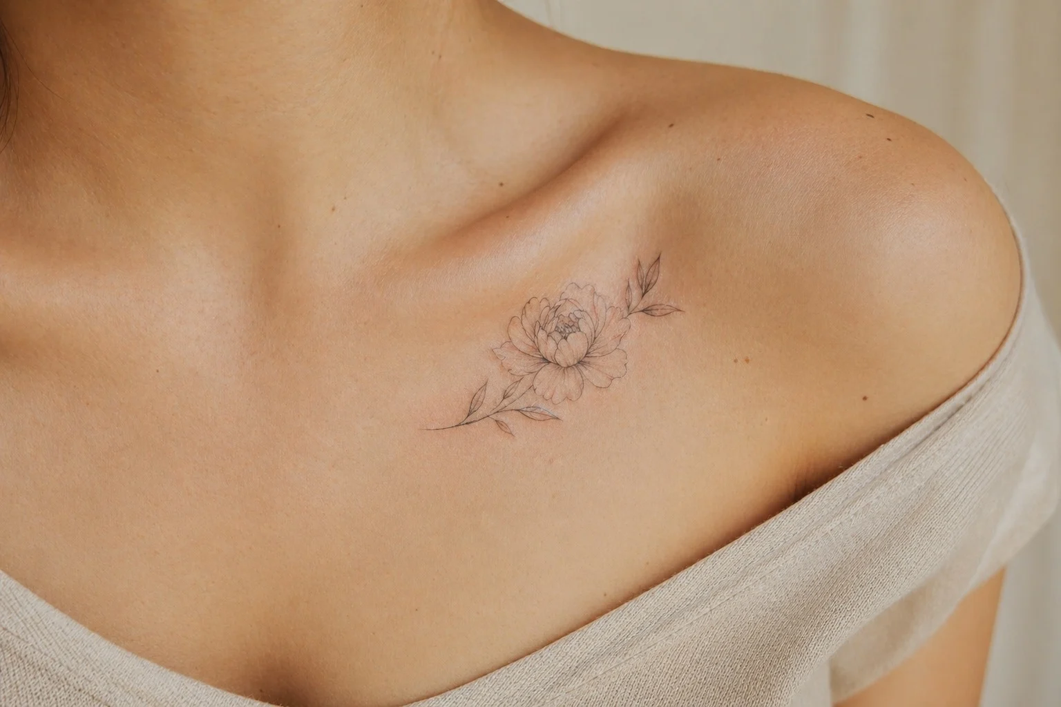 Tatuagem de peonia na clavicula feminina em traco fino delicado