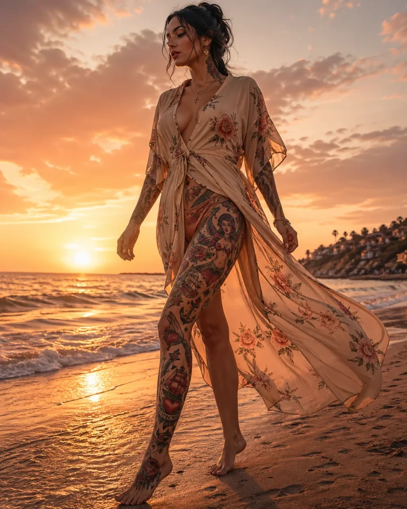 Tatuagem feminina na perna com look de ver&atilde;o