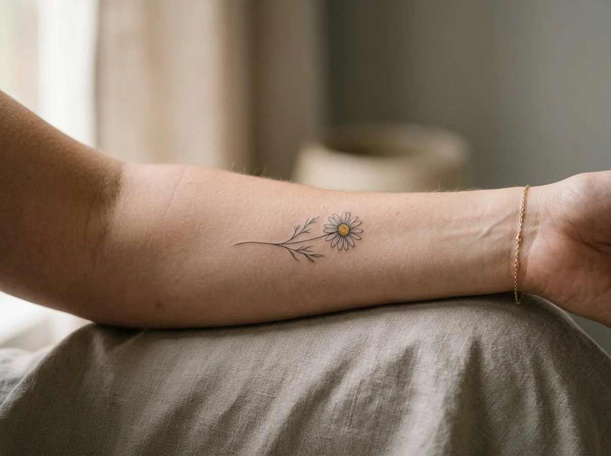 Tatuagem de camomila feminina em fine line no antebraço (imagem destacada)