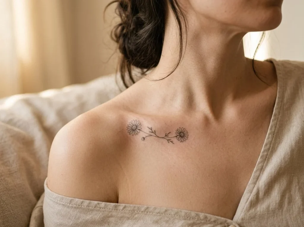 Tatuagem de camomila feminina delicada na clavícula em traço fino